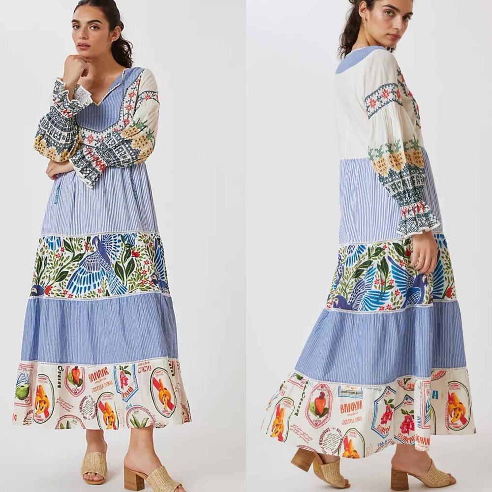 FARM Rio Blue White Multi-Color Embroidered Maxi Dress - Picture 9 of 14